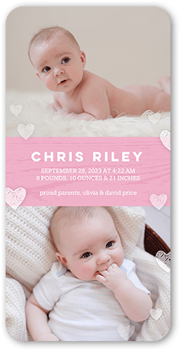 Gentle Hearts Birth Announcement, Pink, 4x8 Flat, Pearl Shimmer Cardstock, Rounded