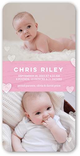 Gentle Hearts Birth Announcement, Pink, 4x8 Flat, Standard Smooth Cardstock, Rounded