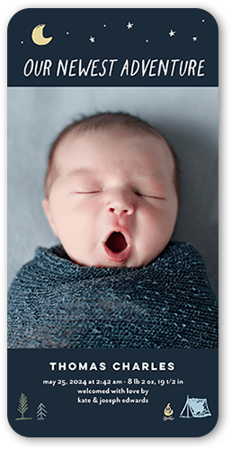 Newest Adventure Birth Announcement, Black, 4x8 Flat, 100% Recycled Cardstock , Rounded, Silhouette