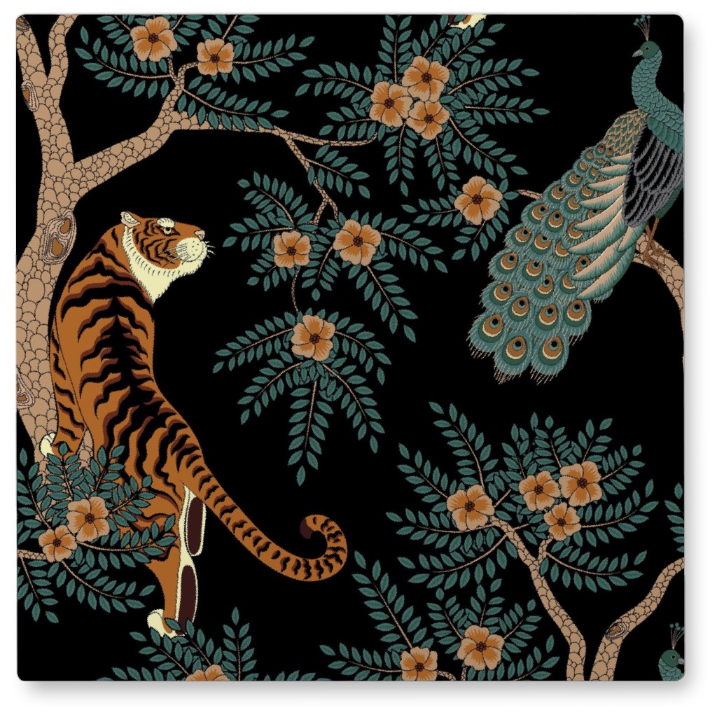 Tiger & Peacock - Black Photo Tile, Metal, 8x8, Black