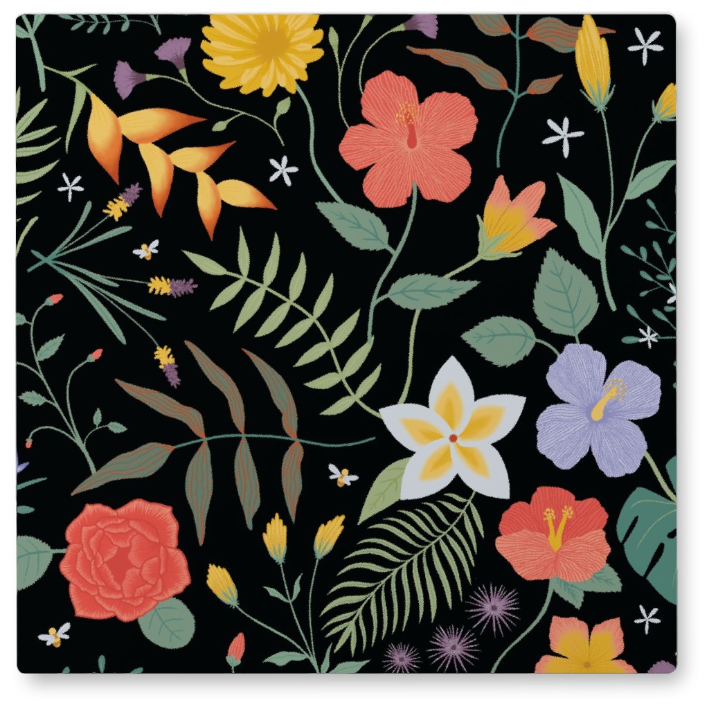 Hawaii Floral - Black Photo Tile, Metal, 8x8, Multicolor