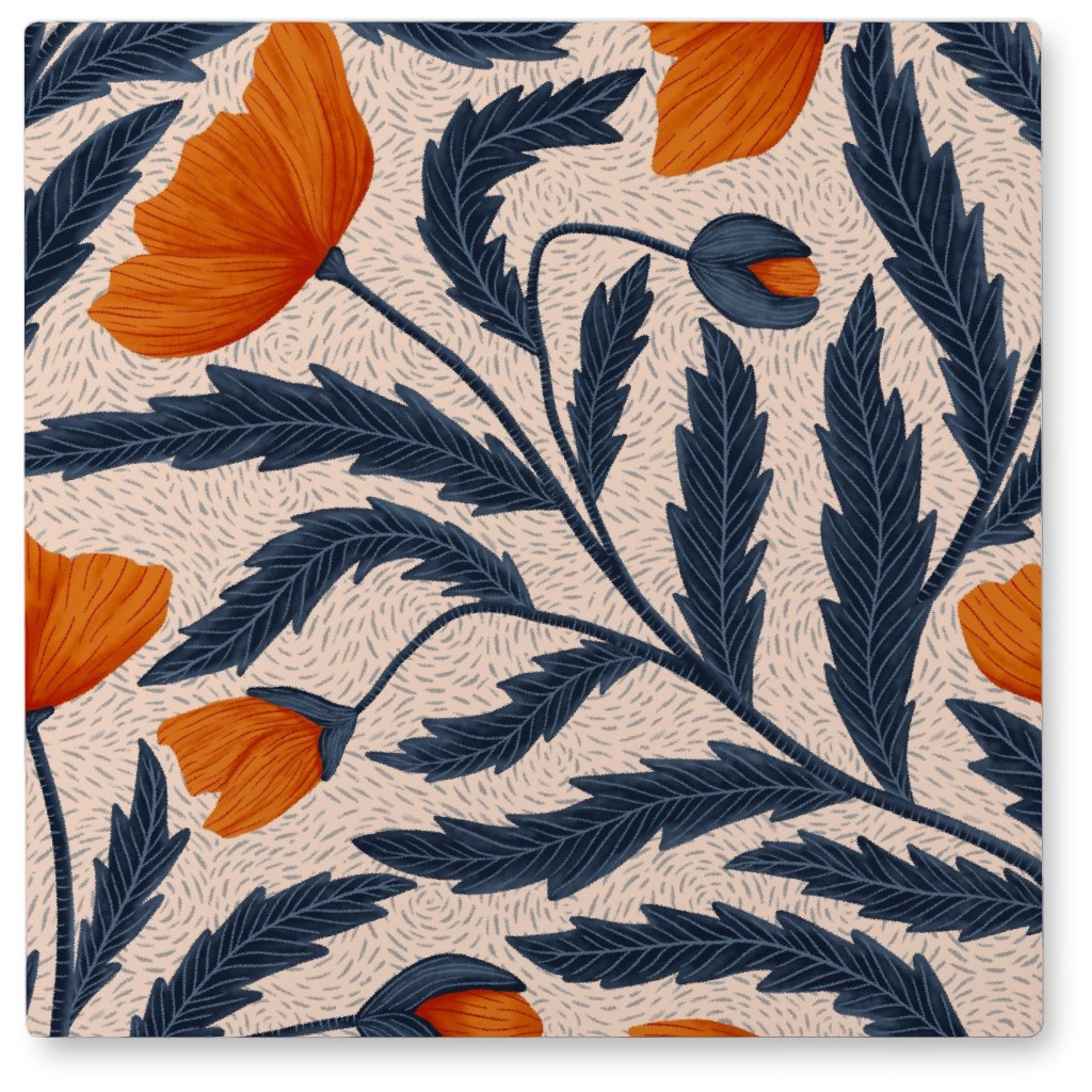 Poppy Flower - Blue & Orange Photo Tile, Metal, 8x8, Orange