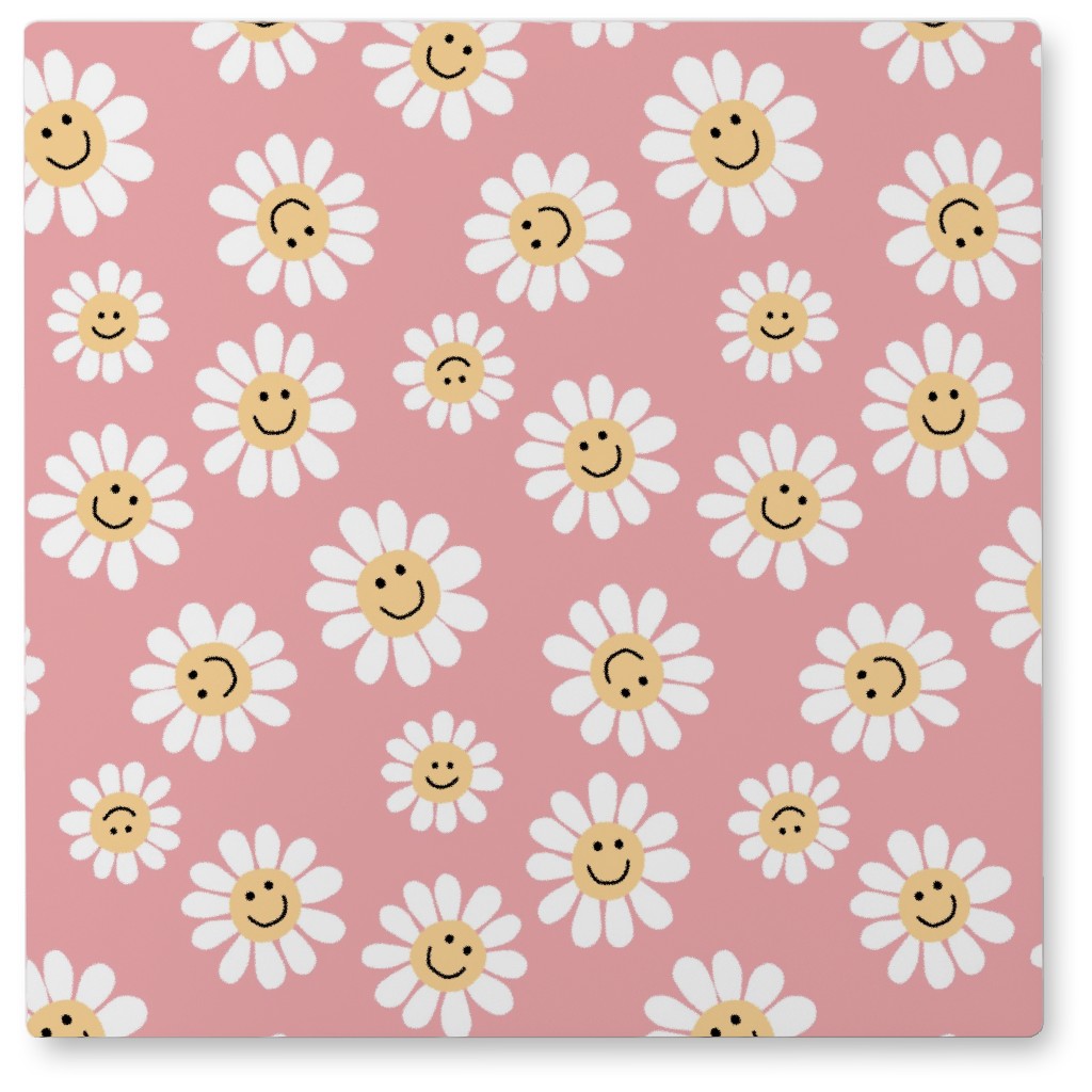 Smiley Daisy Flowers - Pink Photo Tile, Metal, 8x8, Pink