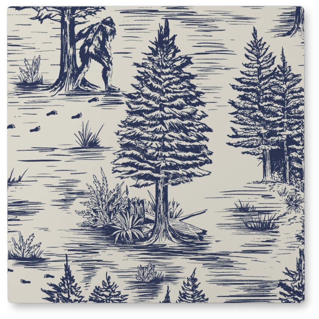 Bigfoot Toile De Jouy - Blue Photo Tile, Metal, 8x8, Blue, True Blue