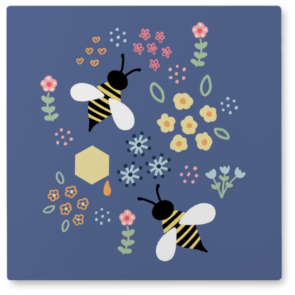 Bee Garden - Multi on Blue Photo Tile, Metal, 8x8, Blue, True Blue