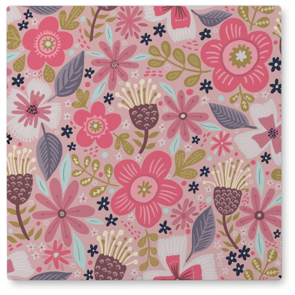 Boho Blooms - Pink Photo Tile, Metal, 8x8, Pink