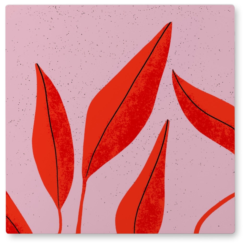 Leaves - Red on Pink Photo Tile, Metal, 8x8, Pink