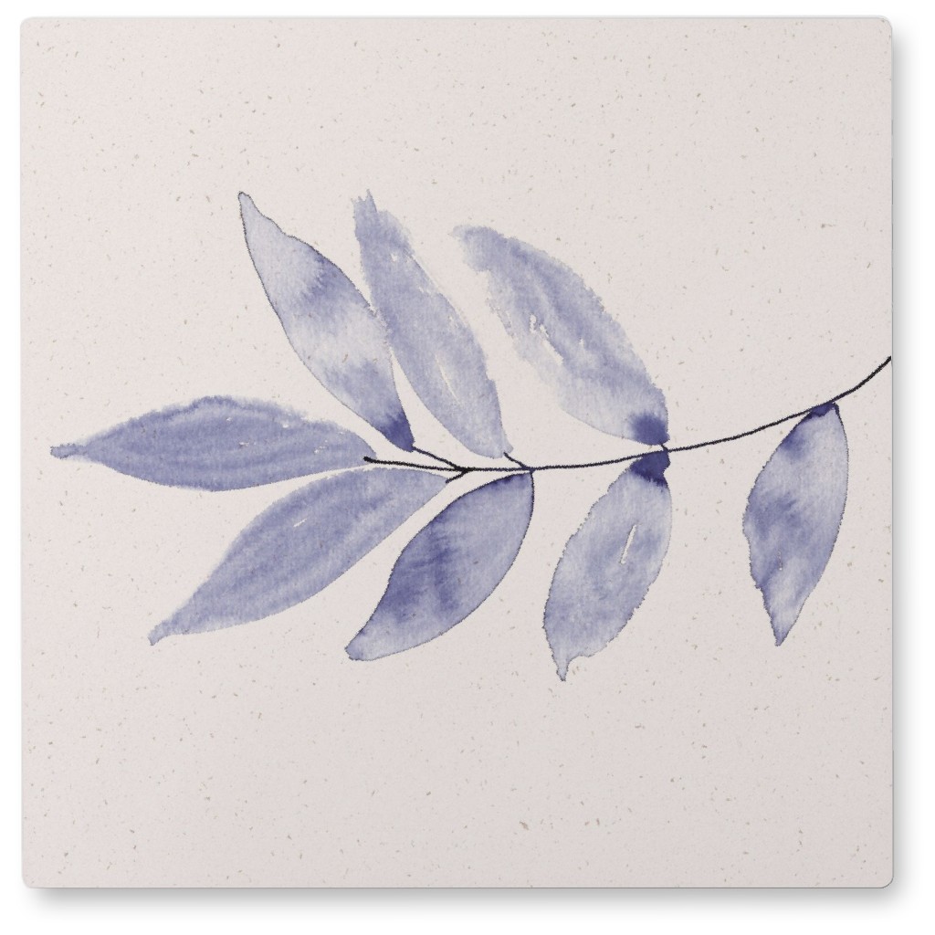 Watercolor Minimalist Branch With Leaves - Indigo Photo Tile, Metal, 8x8, Blue