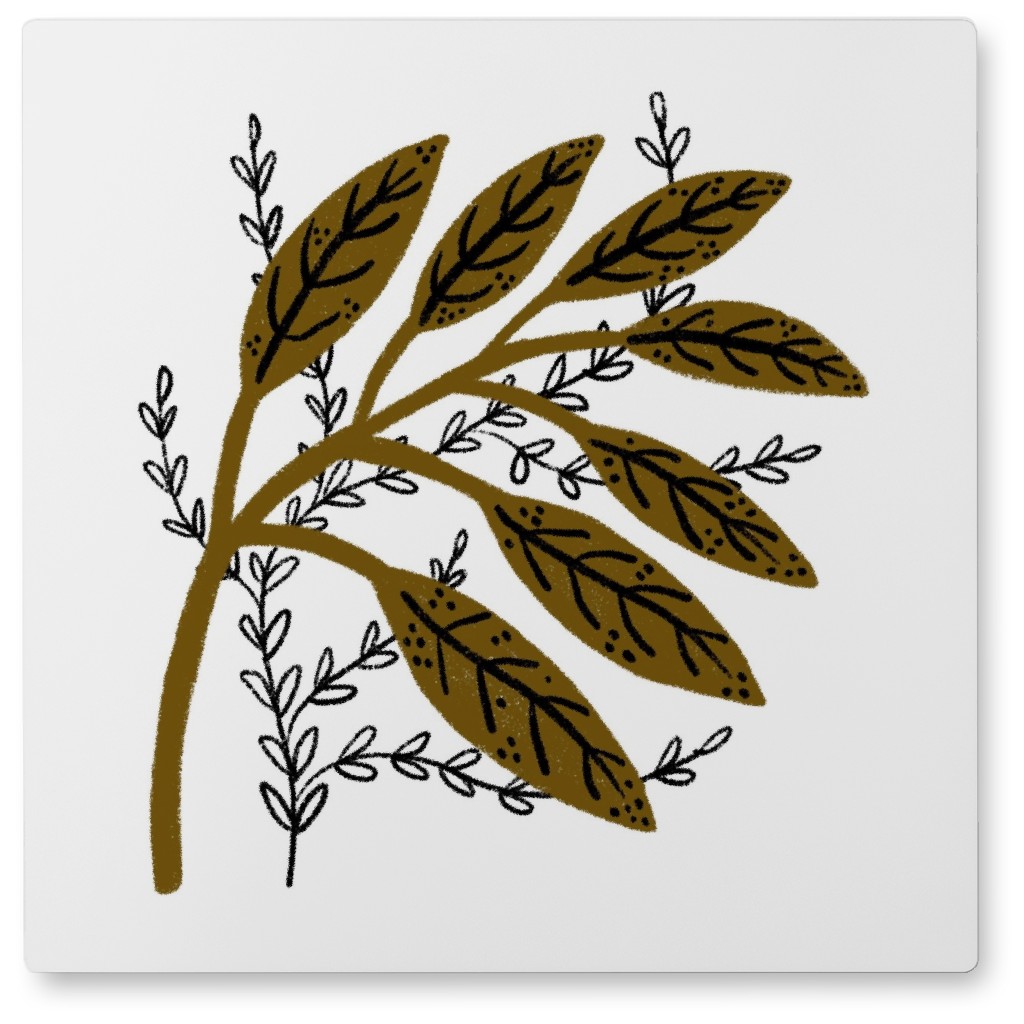 Minimalist Sprig - Brown on White Photo Tile, Metal, 8x8, Green, Classic Green