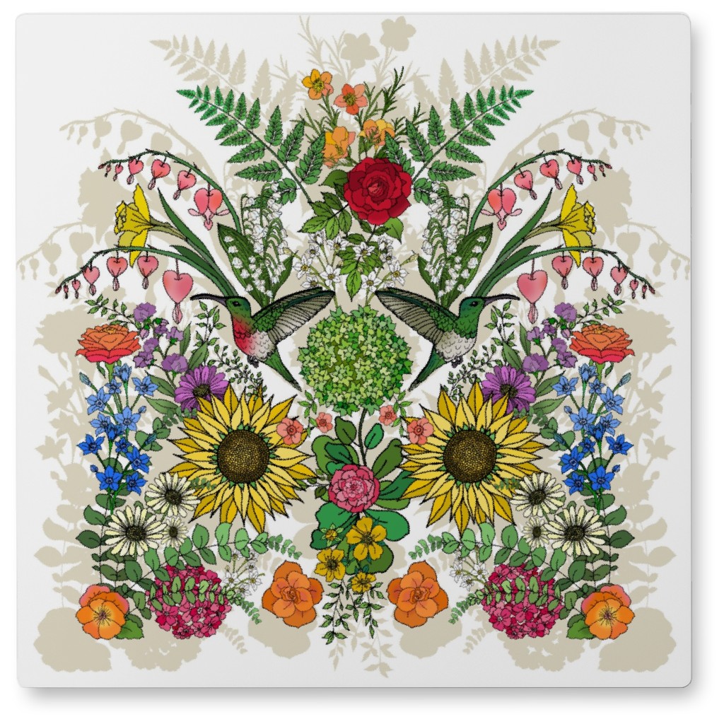 Hummingbird Garden Photo Tile, Metal, 8x8, Multicolor, White