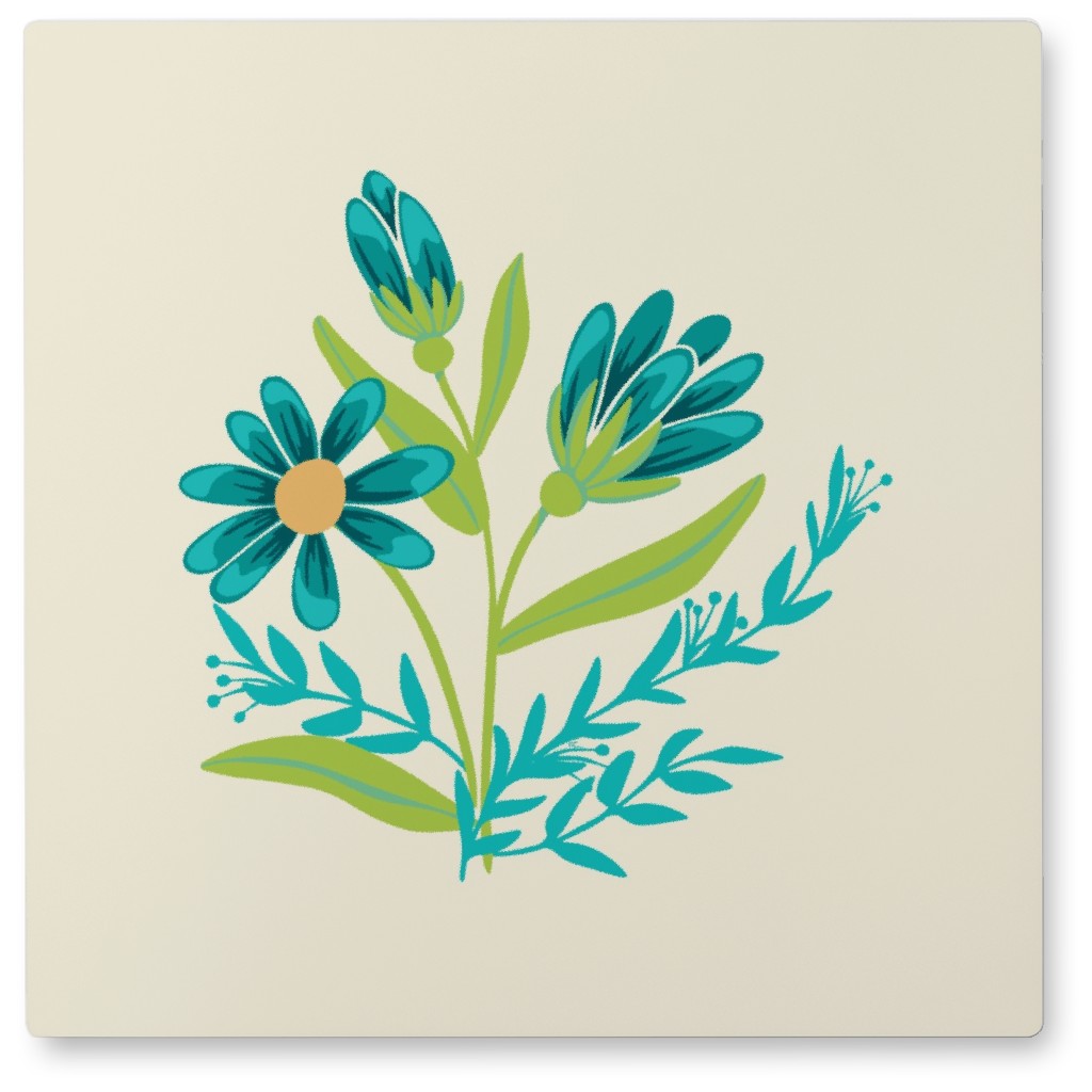 Simple Flowers - Blue Photo Tile, Metal, 8x8, Blue