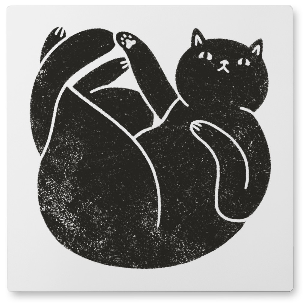 Lazy Black Cat - Black and White Photo Tile, Metal, 8x8, Black