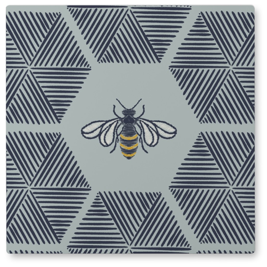Stitched Bee Photo Tile, Metal, 8x8, Blue