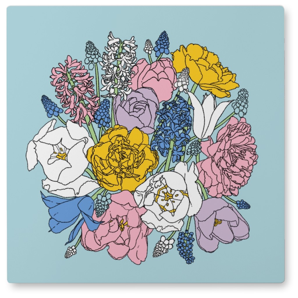 Tulips and Hyacinth Flowers - Multi on Blue Photo Tile, Metal, 8x8, Blue, True Blue
