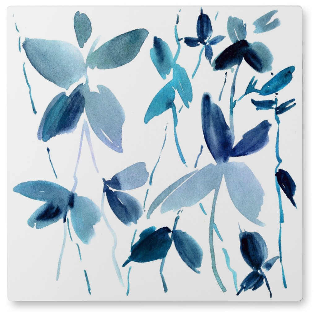 Watercolor Floral and Greenery Photo Tile, Metal, 8x8, Blue, Blue Suede