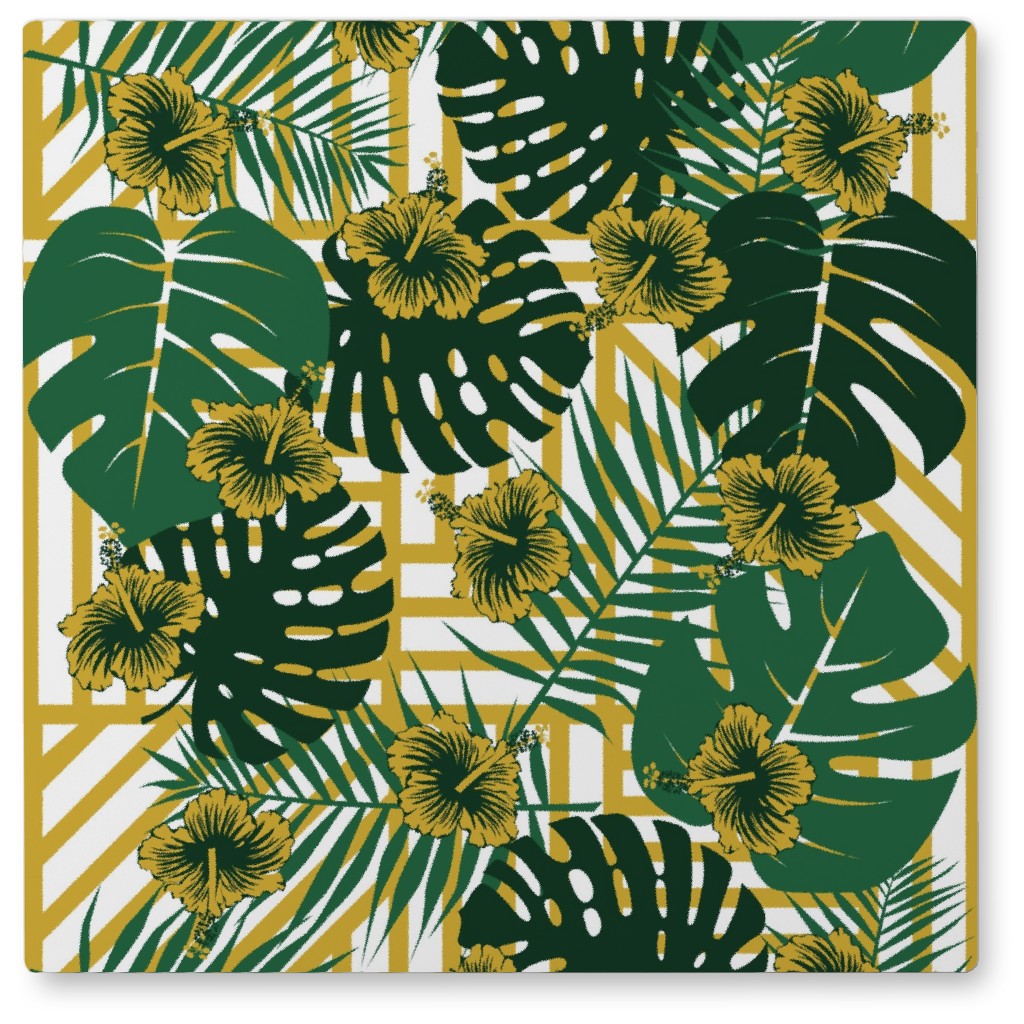 Golden Tropical Vibes - Green and Gold Photo Tile, Metal, 8x8, Green