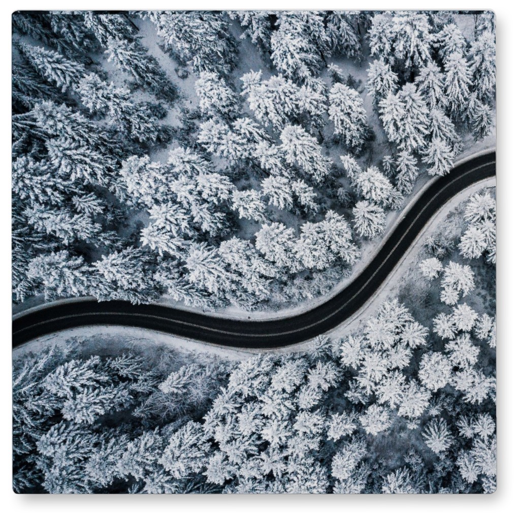 Winding Snow Road Photo Tile, Metal, 8x8, Gray