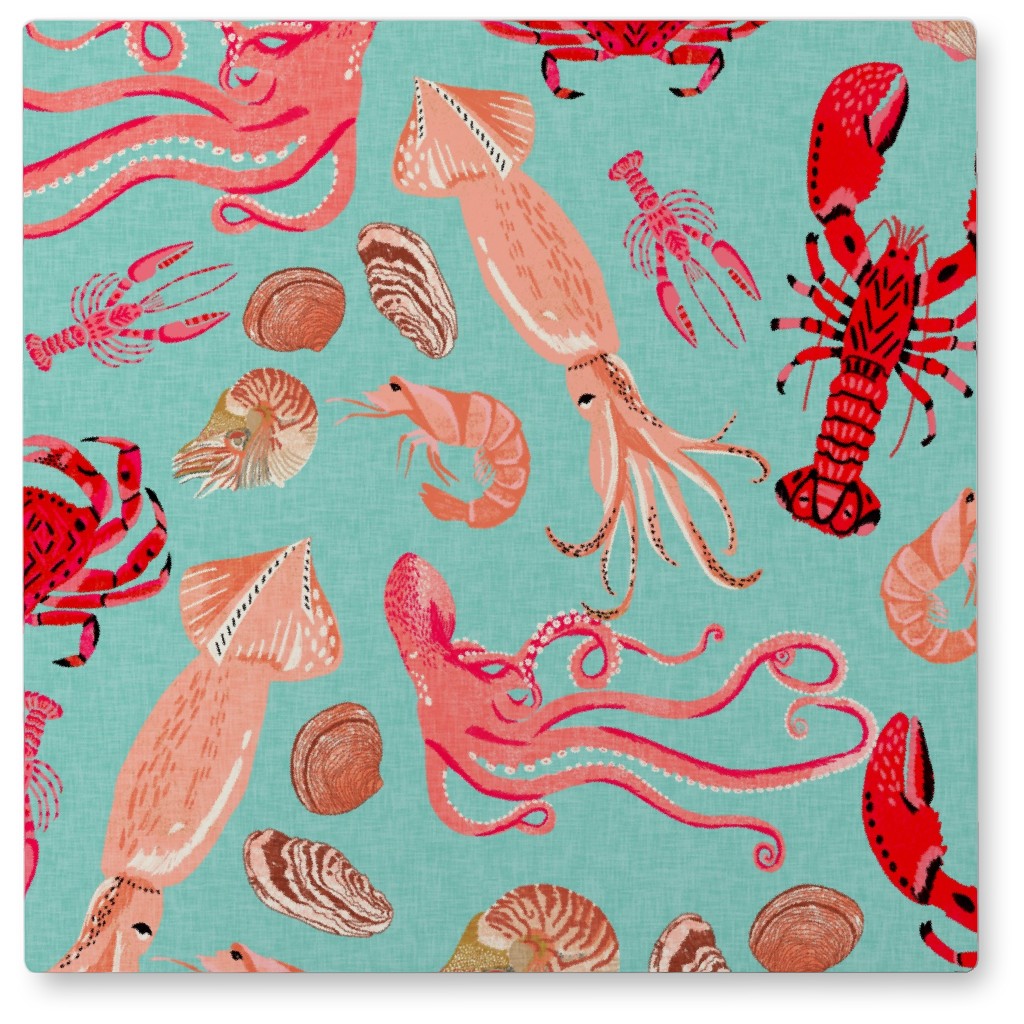 Ocean Creatures - Red on Green Photo Tile, Metal, 8x8, Red