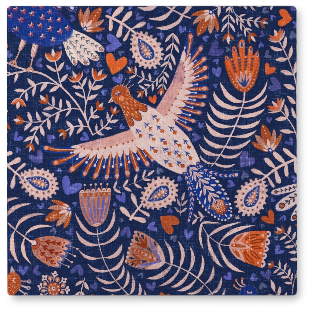 Swedish Folk Art Birds - Blue Photo Tile, Metal, 8x8, Blue