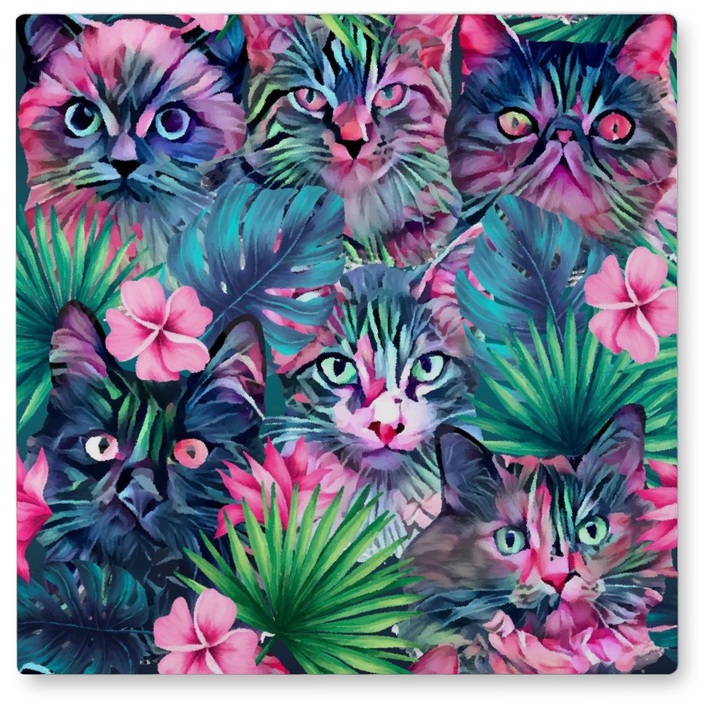 Summer Floral Cats - Multi Photo Tile, Metal, 8x8, Multicolor