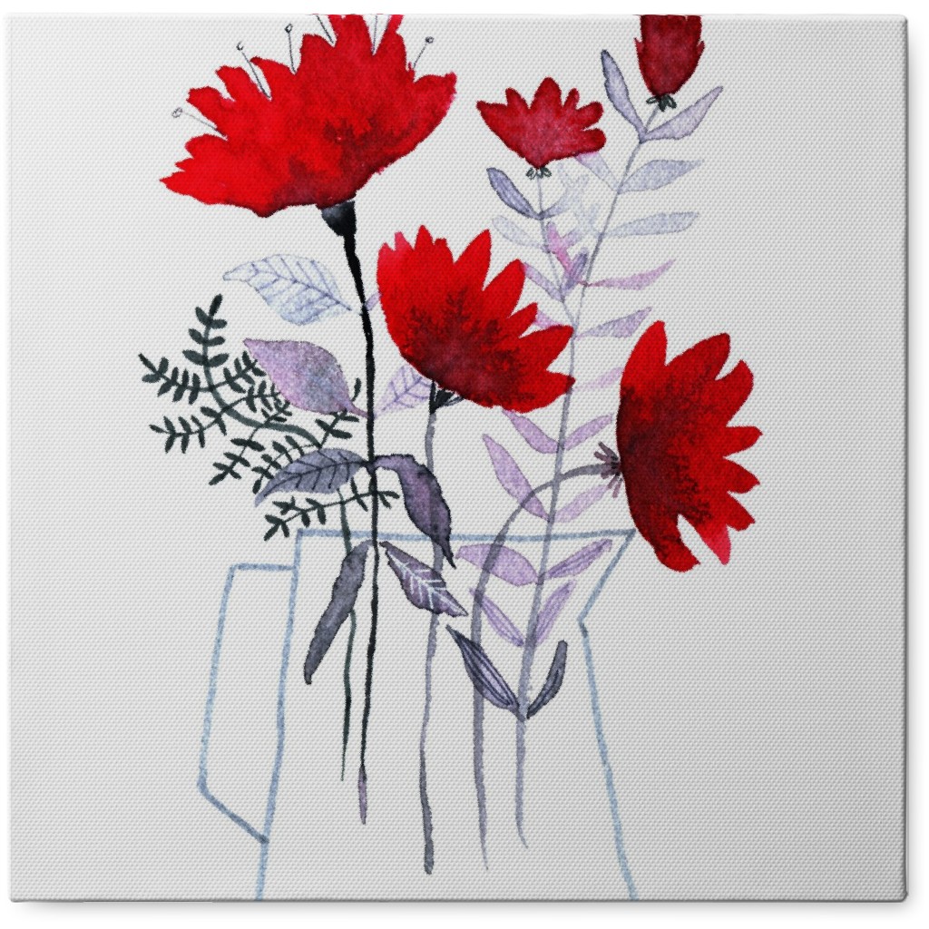 Flowers in Vase - Red and Gray Photo Tile, Canvas, 8x8, Red