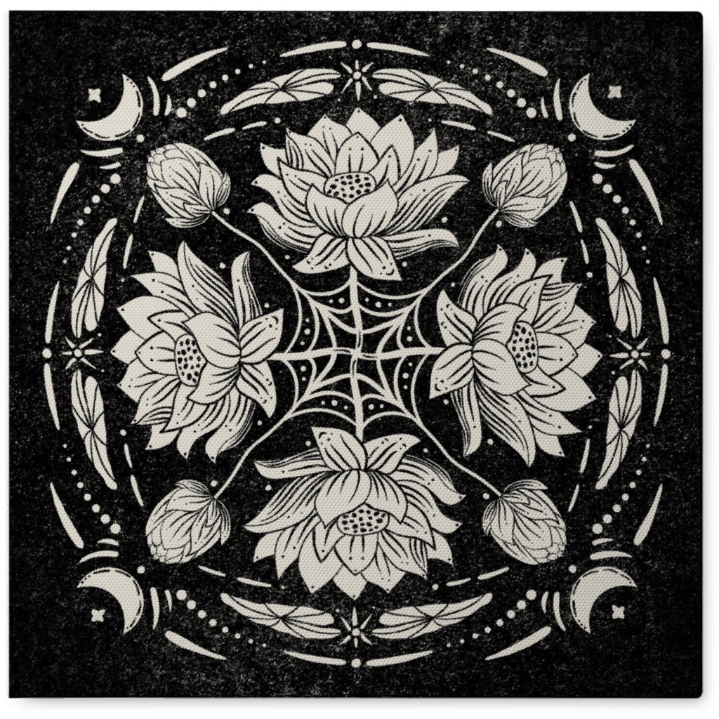Lotus Flower Mandala - Black and Cream Photo Tile, Canvas, 8x8, Black