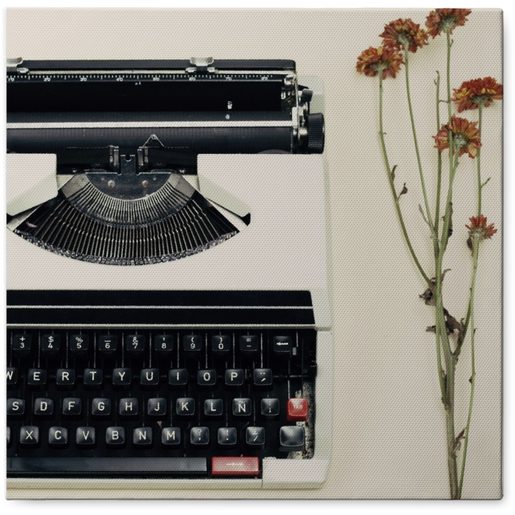 Vintage Typewriter and Flower Photo Tile, Canvas, 8x8, Beige