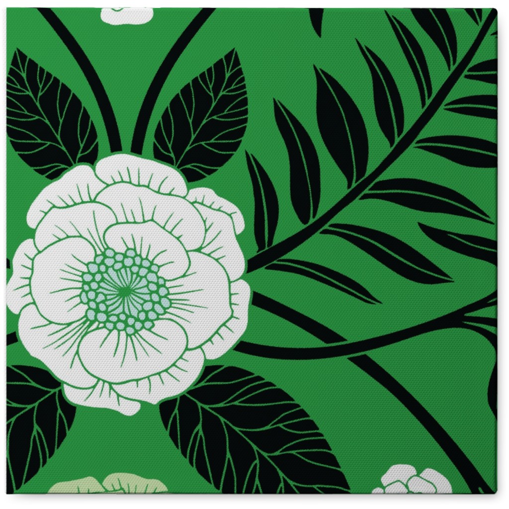 Green, Black & White Floral Pattern Photo Tile, Canvas, 8x8, Green
