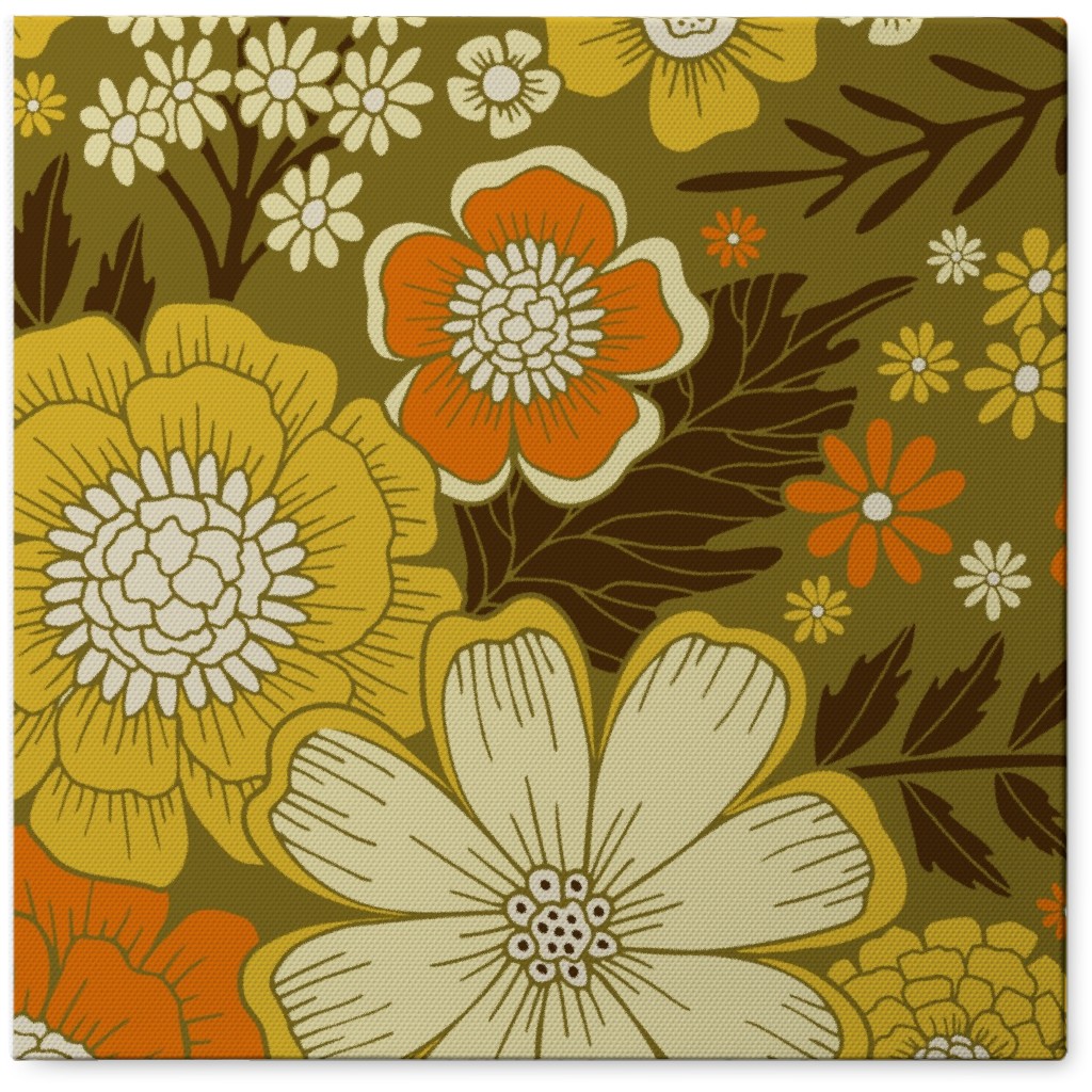 1970s Retro/Vintage Floral - Yellow and Brown Photo Tile, Canvas, 8x8, Yellow