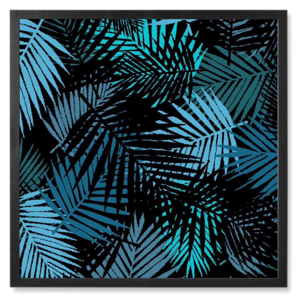 Tropical Leaves - Blue and Green Photo Tile, Black, Framed, 8x8, Blue