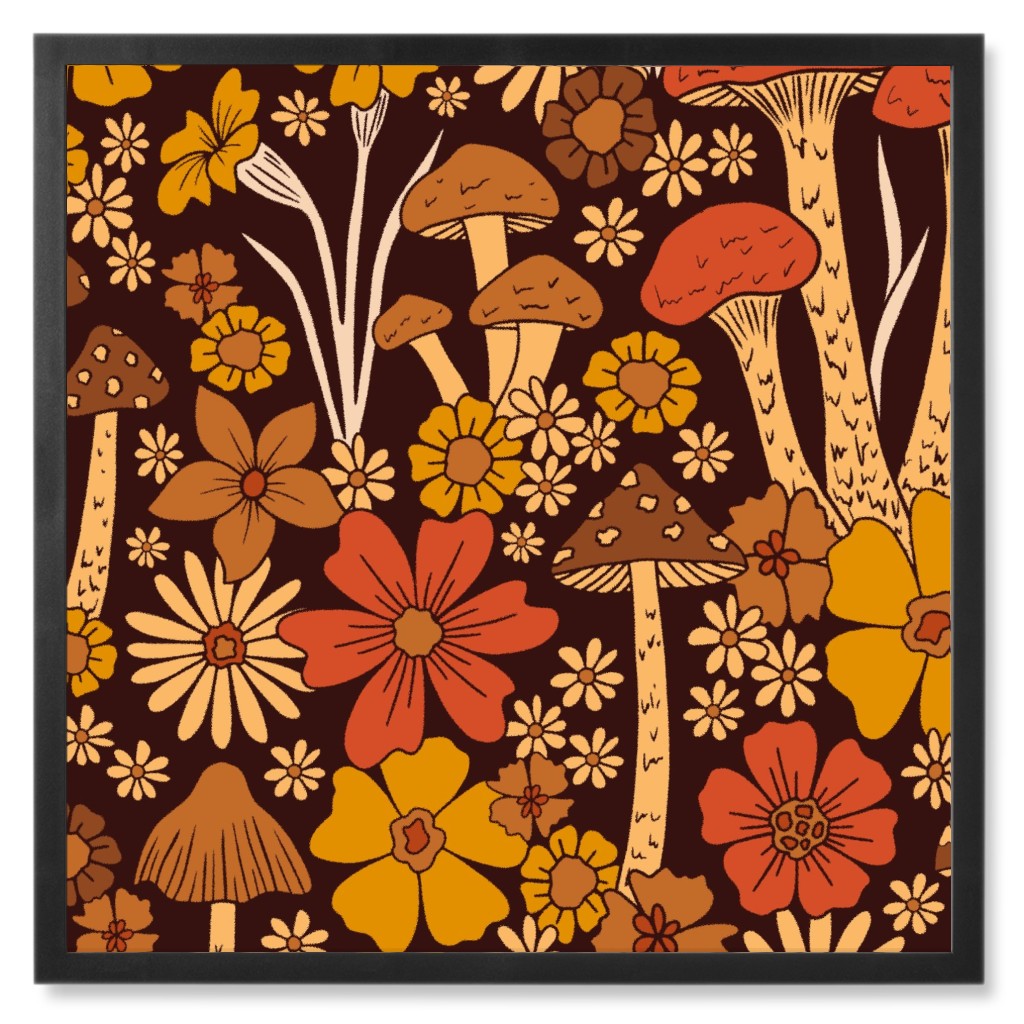 Retro 1970s Mushroom & Flowers - Brown and Orange Photo Tile, Black, Framed, 8x8, Orange, Orange