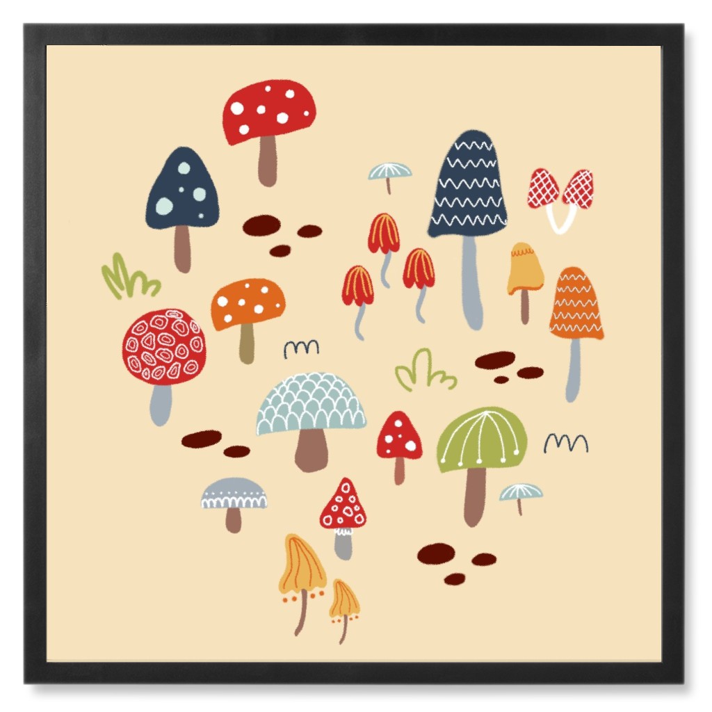 Mushrooms - Multi on Orange Photo Tile, Black, Framed, 8x8, Orange, Orange