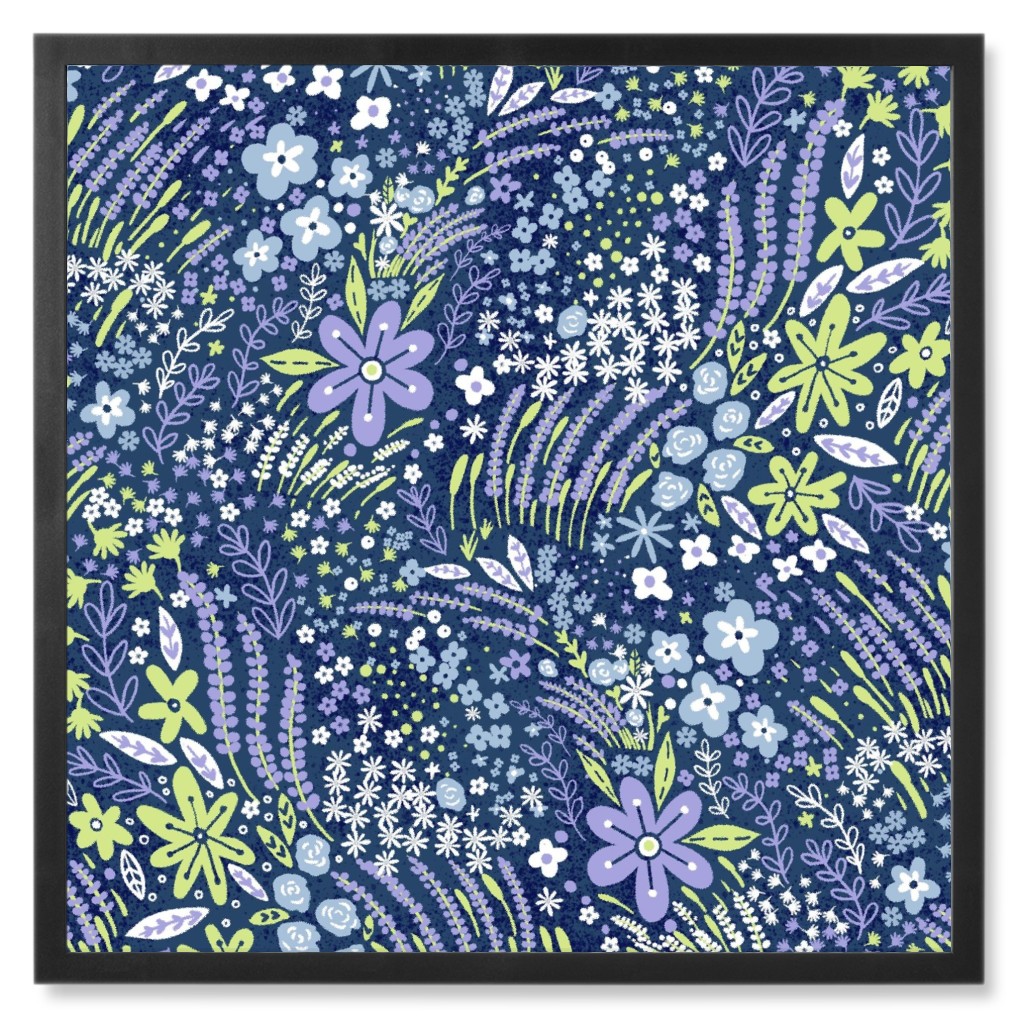 Meadow Floral - Blue Photo Tile, Black, Framed, 8x8, Blue, True Blue
