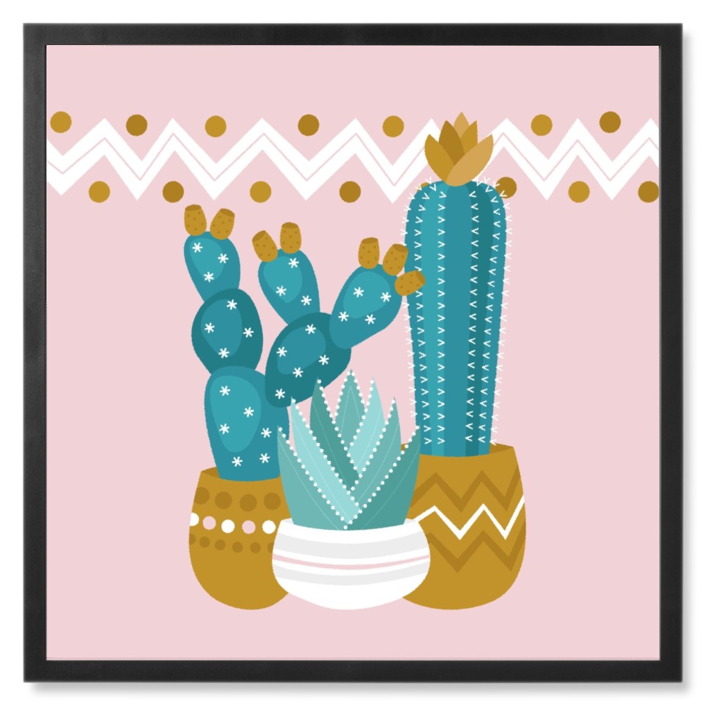 Potted Cacti & Succulents - Green and Pink Photo Tile, Black, Framed, 8x8, Pink