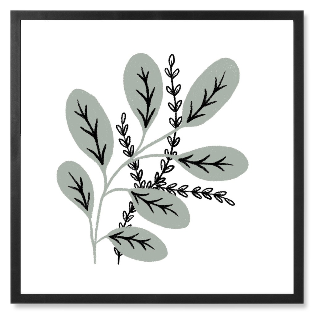 Minimalist Sprig - Gray on White Photo Tile, Black, Framed, 8x8, Gray, Gray