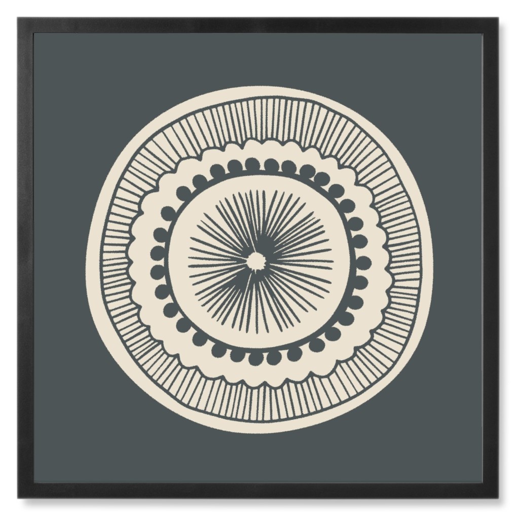 Woodcut Mandala Photo Tile, Black, Framed, 8x8, Gray, Gunmetal
