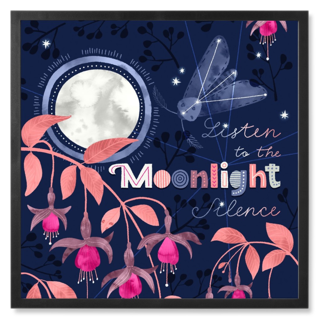 Moonlight Silence Quote - Blue Photo Tile, Black, Framed, 8x8, Blue, True Blue