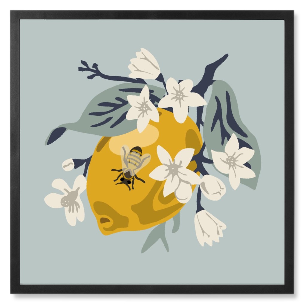 Bee and Lemon - Blue Photo Tile, Black, Framed, 8x8, Blue, True Blue