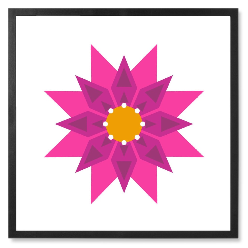 Scandi Pointed Flower - Pink Photo Tile, Black, Framed, 8x8, Pink, Bright Pink