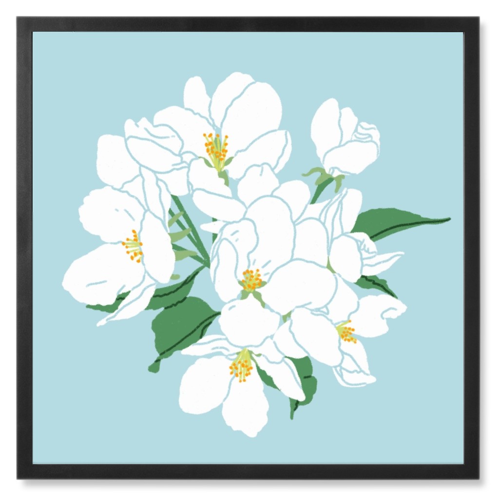 Apple Tree Blossoms - White and Blue Photo Tile, Black, Framed, 8x8, Blue, True Blue