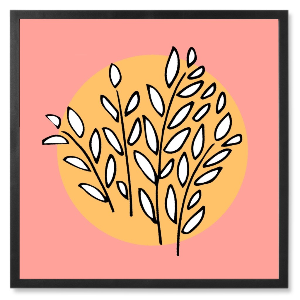 Plant Sketch - Yellow on Melon Photo Tile, Black, Framed, 8x8, Pink