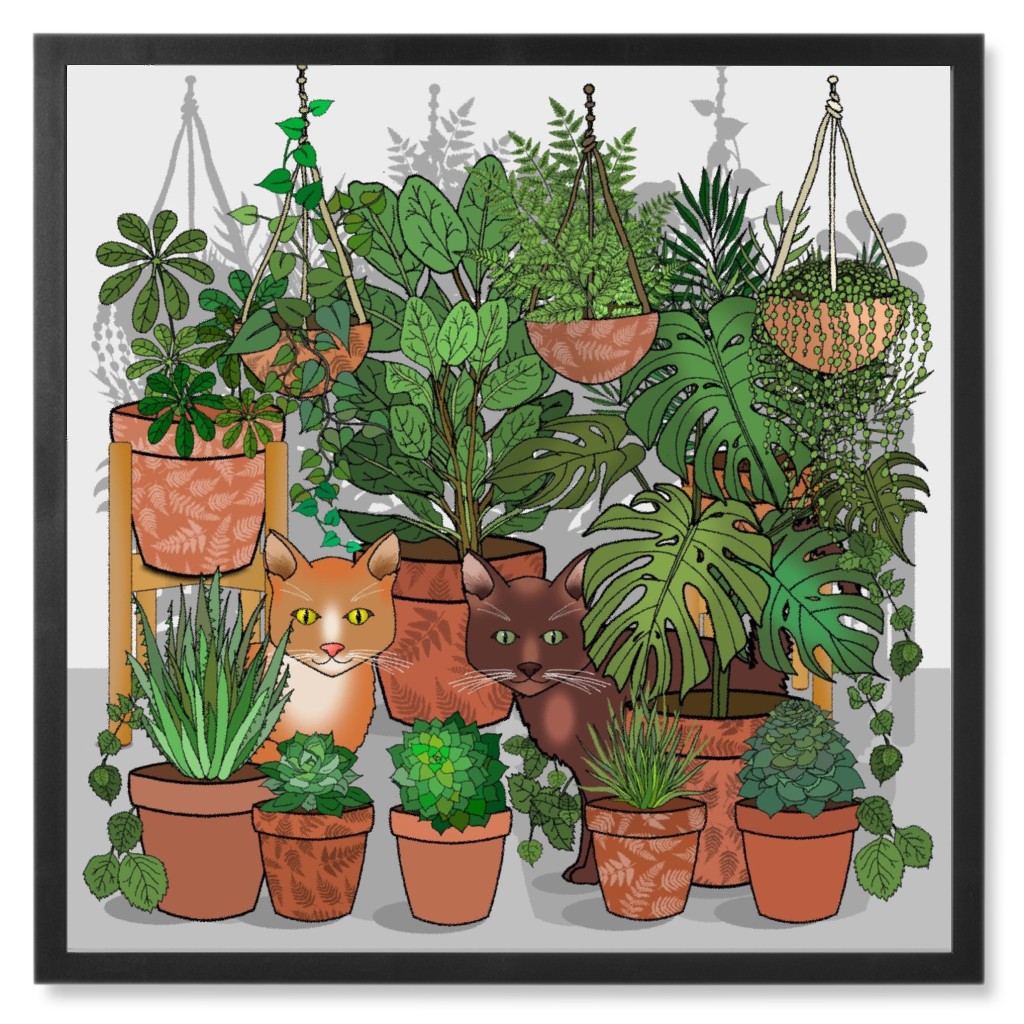 Cats in an Indoor Garden - Green Photo Tile, Black, Framed, 8x8, Green, Classic Green