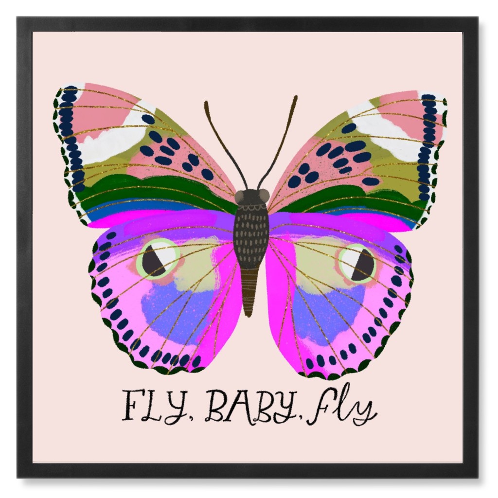 Butterfly Fly Baby Fly - Pink Photo Tile, Black, Framed, 8x8, Pink, Bright Pink