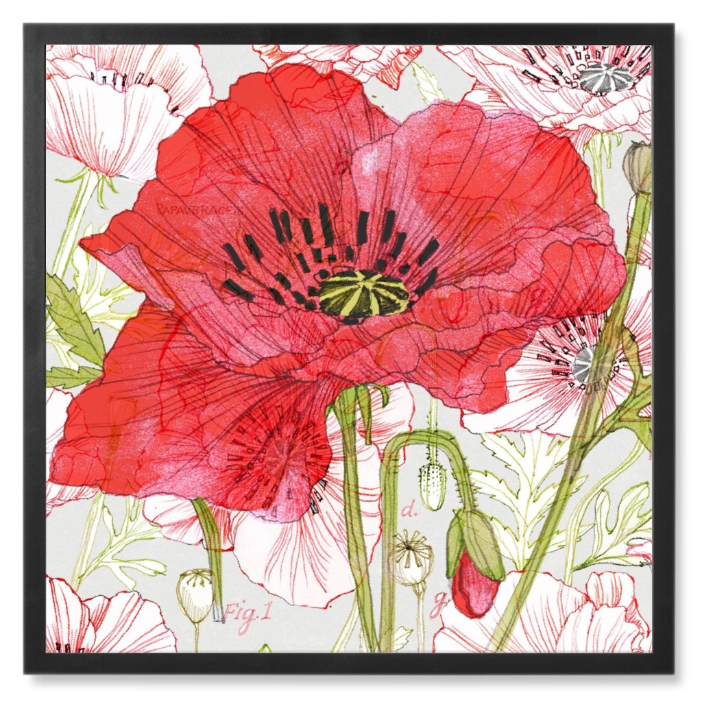 Poppies - Red Photo Tile, Black, Framed, 8x8, Red