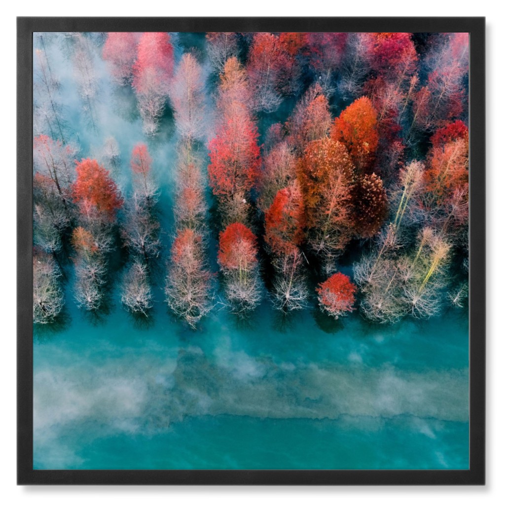 Autumn Tree Line Photo Tile, Black, Framed, 8x8, Green
