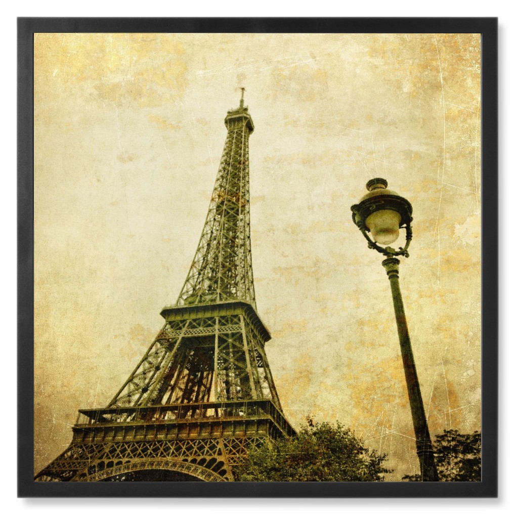 Vintage Eiffel Tower and Light Post Photo Tile, Black, Framed, 8x8, Beige