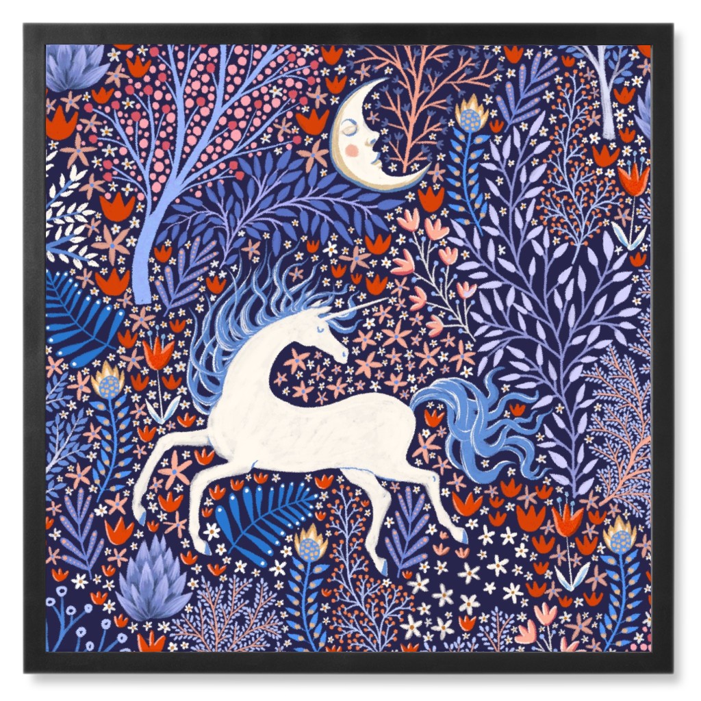 Unicorn in Nocturnal Forest - Purple Photo Tile, Black, Framed, 8x8, Purple