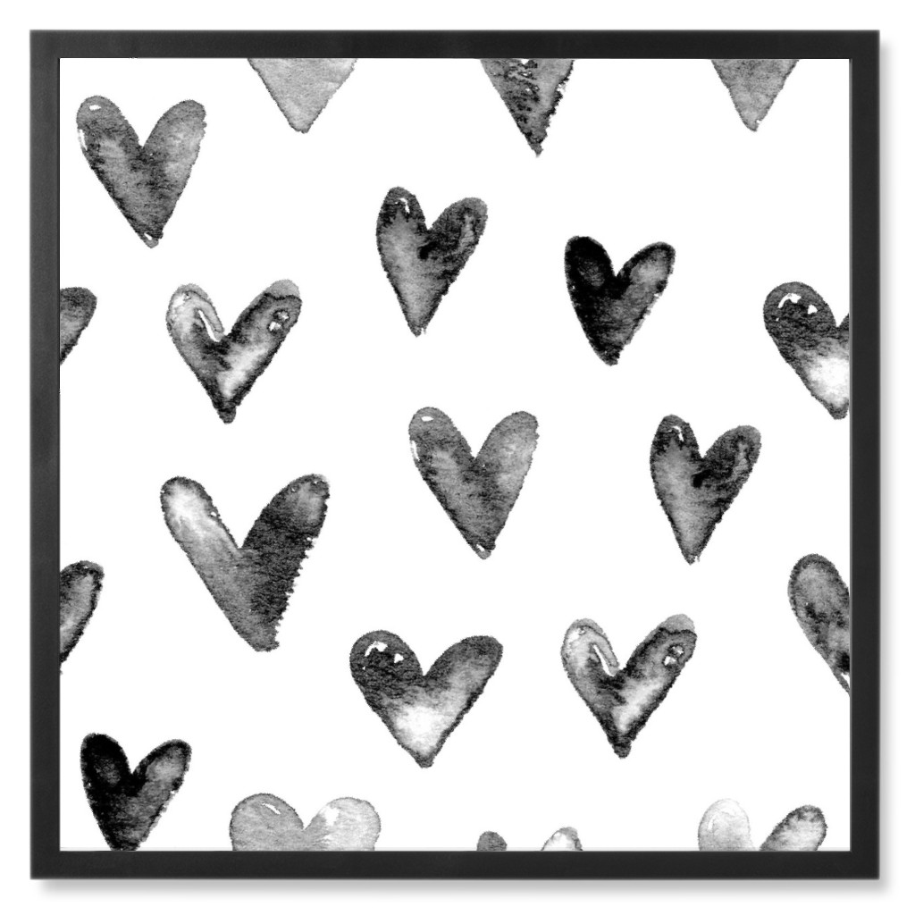 Watercolor Hearts - Black and White Photo Tile, Black, Framed, 8x8, Black, Black