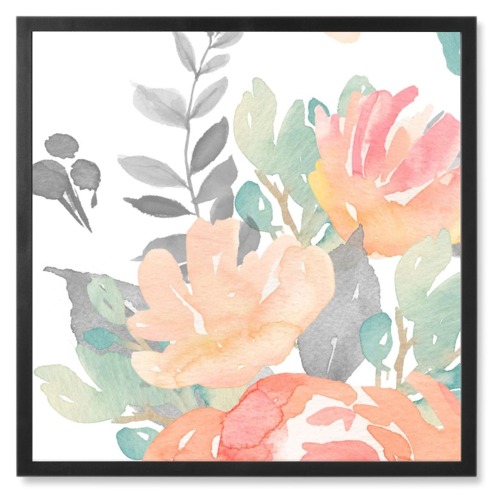 Watercolor Florals Photo Tile, Black, Framed, 8x8, Orange, White