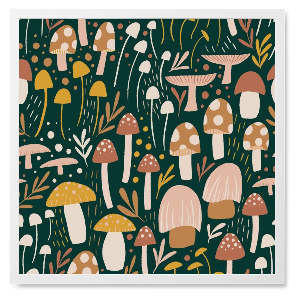 Woodland Mushroom Meadow - Green Photo Tile, White, Framed, 8x8, Green, Classic Green